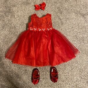 Elegant Red Kids Formal Dress with Bow and Shoes